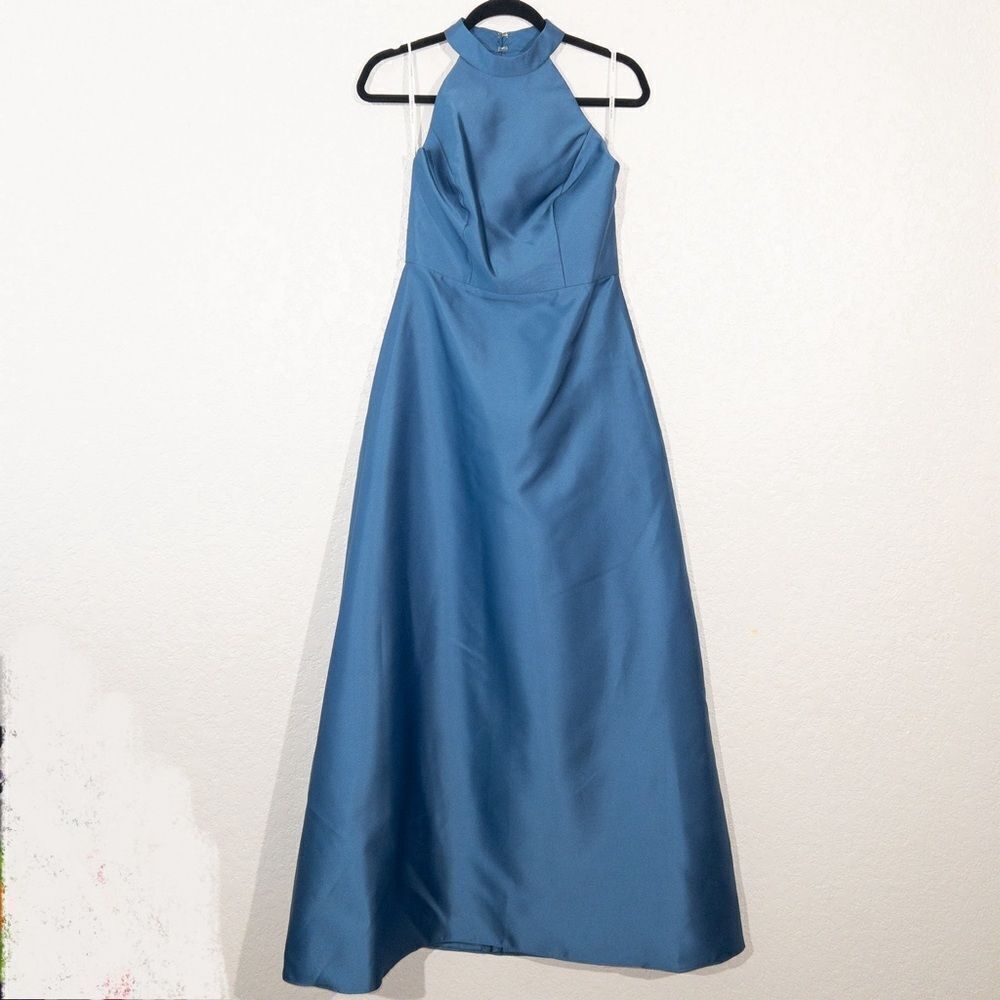 NWT Alfred Sung Dusk Blue High Neck Cut Out Satin Dress Size 6 - Picture 3 of 8